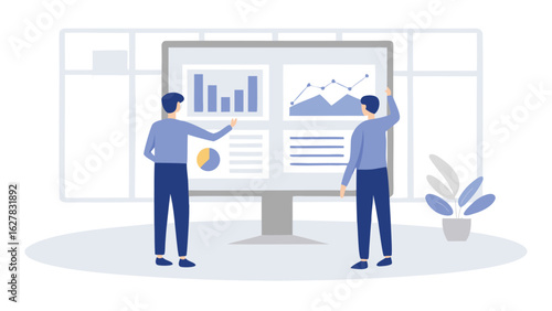 Two men analyzing data on a large screen with charts graphs and diagrams in a modern office setting