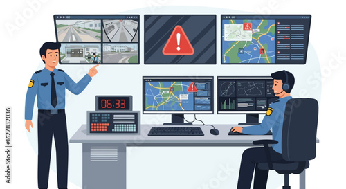 Security guards monitoring surveillance screens in control room officer Vector illustration of