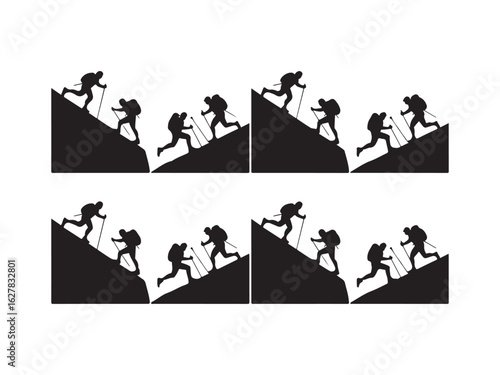 Hikers climbing a steep mountain slope silhouette vector isolated on white background.