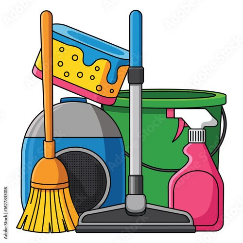 Collection of household cleaning tools and supplies