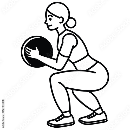 Woman performing squat with black exercise ball fitness