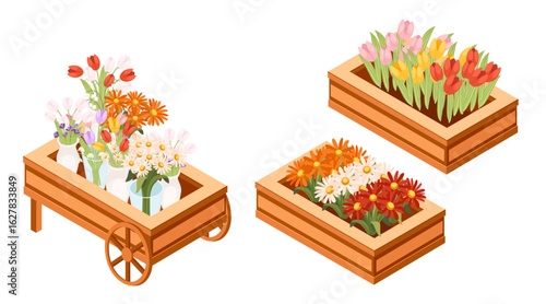 Isometric wooden flower cart collection. Rectangular planter boxes with assorted flowers. Cart with wheels for transportation. Colorful blooms display. Vector illustration isolated on white
