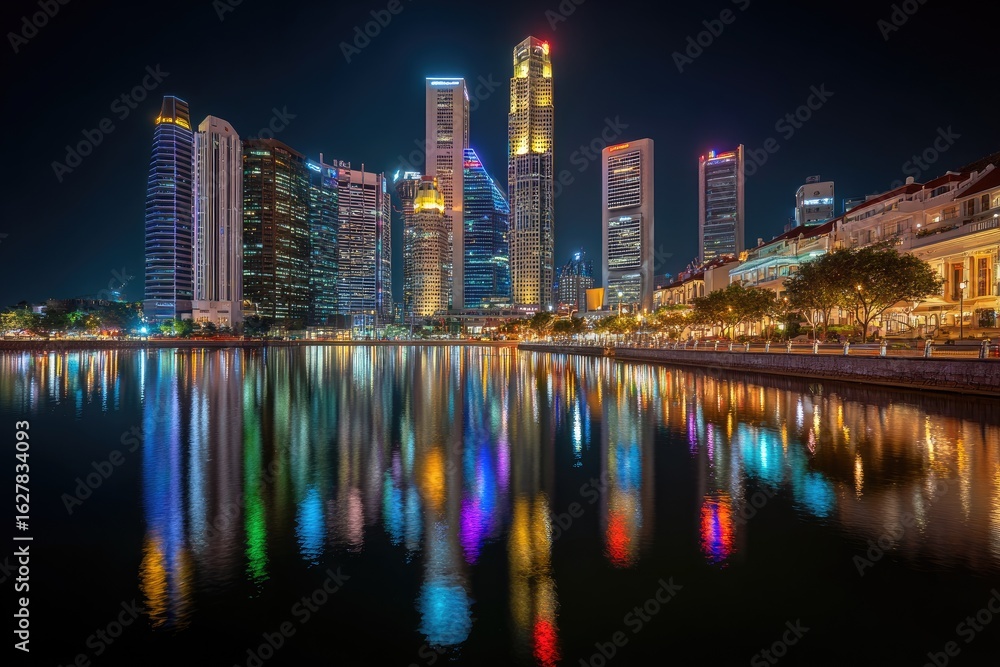 Naklejka premium Night cityscape reflecting on water. Skyscrapers and older buildings illuminated by colorful lights