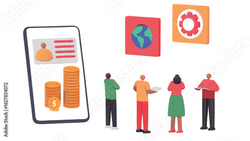 Illustration of a mobile interface with coins and people looking at icons and a profile card app