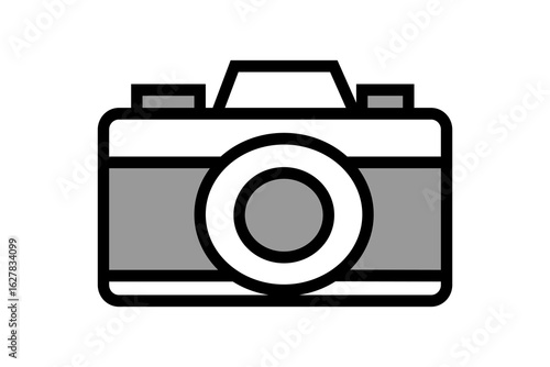 The image is a cartoon-style illustration of a retro camera, likely a point-and-shoot film camera. The design is simple and graphic, with thick black outlines defining its shape and components.