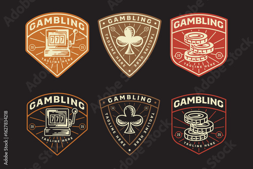 Slot machine, spade, poker chip retro badge logo vector design set for entertainment. 777 slot, chips, card suit vintage emblem logo graphic collections. Gambling illustration label element designs