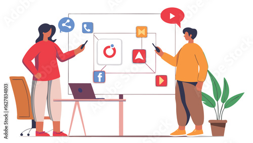 Two people presenting social media strategy on whiteboard with laptop and plant in the room illustration