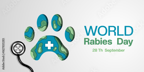 World Rabies Day. Pet icon, earth and stethoscope. Suitable for posters, banners and social media. White background.