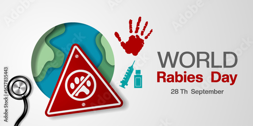 World Rabies Day. Pet icon, earth, sign, hand, syringe and stethoscope. Suitable for posters, banners and social media. White background.