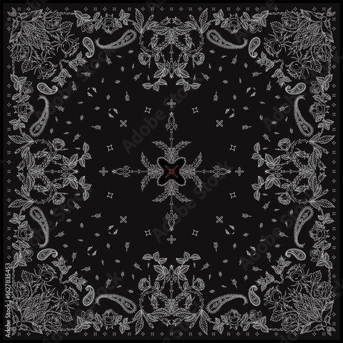Black bandana Print. Roses paisley bandana bandana Scarf Face Head Wrap. pattern Art rose floral flower thorns leaves square pattern design