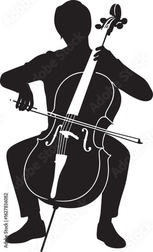 Silhouette of a Cellist Playing Cello with Bow in Orchestra Performance or Solo Recital