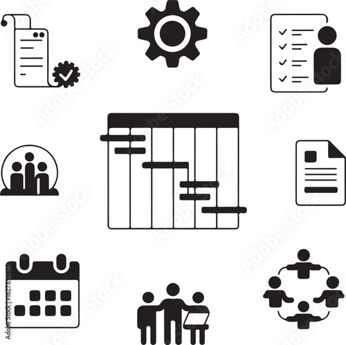 Project Management Icon Set Illustration Showing Teamwork Planning Schedule Workflow and Task Management for Business