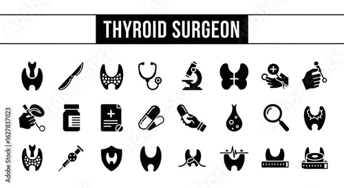 Thyroid Surgeon Black Icons: Thyroid Surgery & Endocrine Health Line Art Set