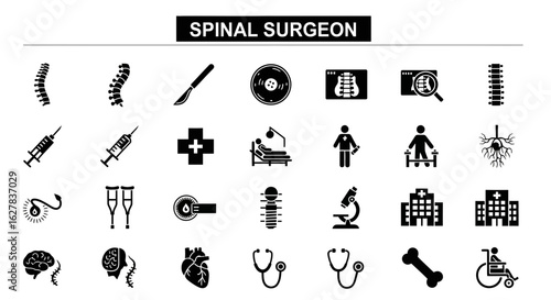 Spinal Surgeon Black Icons: Spine Surgery & Back Health Line Art Set