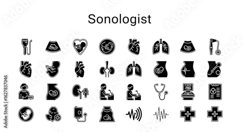 Sonologist Black Icons: Ultrasound Imaging & Diagnostic Scans Line Art Set