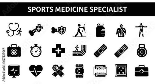 Sports Medicine Black Icons: Sports Injury & Athlete Health Line Art Set