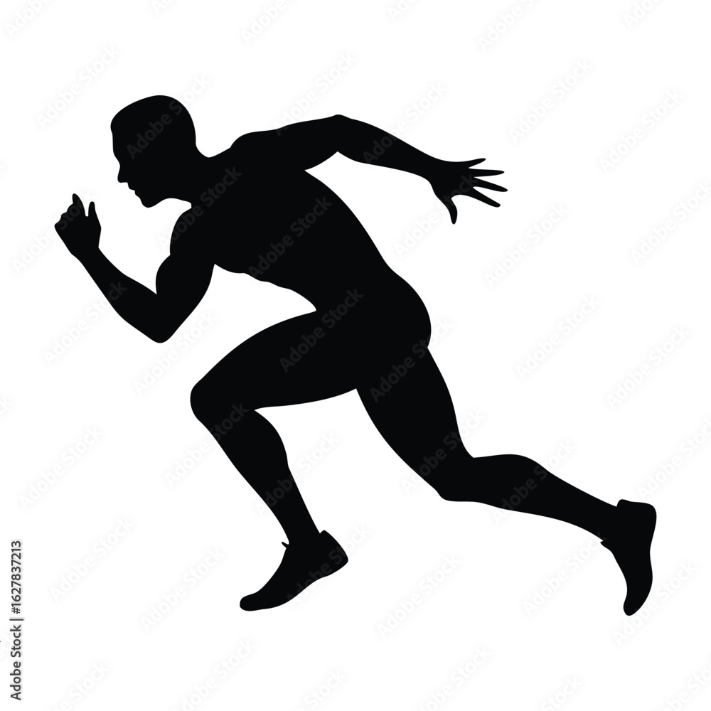 Fototapeta premium Black silhouette of a running man. An athletic sprinter in motion, symbolizing speed, power, and fitness. Vector illustration isolated on white background. 