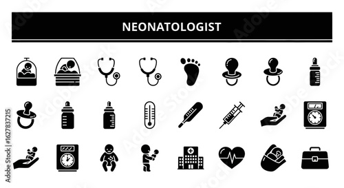 Neonatologist Black Icons: Newborn Care & Pediatric Intensive Care Line Art Set