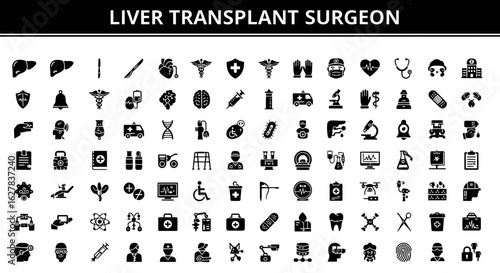 Liver Transplant Black Icons: Hepatic Surgery & Organ Transplantation