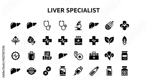Liver Specialist Black Icons: Hepatology & Digestive System Health Line Art Set