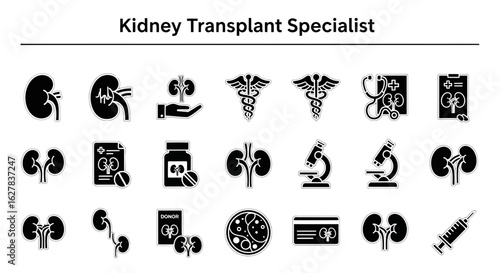 Kidney Transplant Black Icons: Renal Health & Transplant Surgery Line Art Set