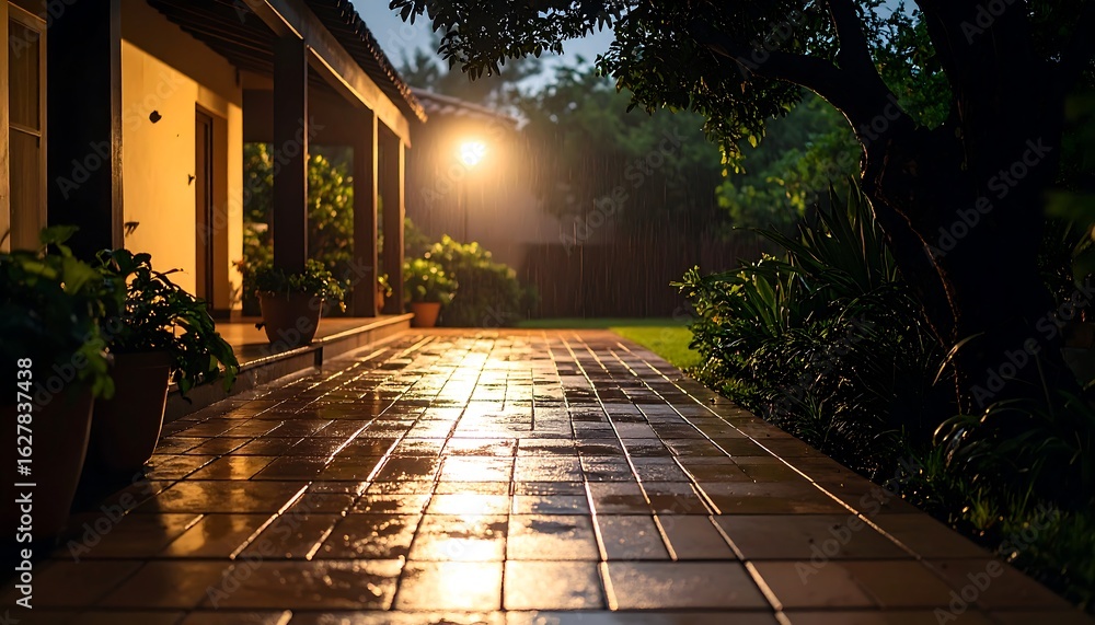 Fototapeta premium Rainy Evening in Garden with Wet Path and Glowing Light