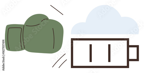 Green boxing glove striking a near-empty battery below a cloudy icon. Ideal for themes thumbs up energy, struggle, technology, depletion, motivation, conflict, power. A simple flat metaphor