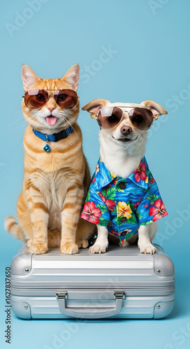 Cat dog sunglasses suitcase blue background vacation travel summer tropical shirt happy expression pet friendship humor playful animal companion holiday