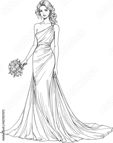 Elegant Woman in Floor-Length Gown Holding Bouquet — Black and White Line Art for Bridal, Fashion, or Celebration-Themed Design