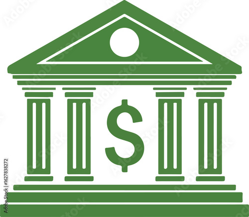 A green graphic icon of a classical bank building with four columns and a prominent dollar sign in the center.