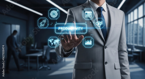 Wallpaper Mural Businessman in suit touching virtual productivity interface futuristic office digital icons innovation technology efficiency growth modern workspace professional success motivation Torontodigital.ca