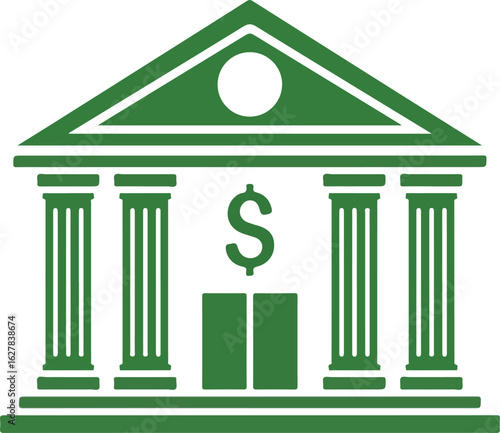 Green vector icon of a classic bank building with columns and a prominent dollar sign. This flat graphic represents finance, money, savings, investment, and economic stability.