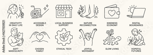 Sustainable living doodle icon set. Cute drawn illustrations of kindness economy, local business, ethical tech, barefoot nature, joyful movement, slow living turtle.