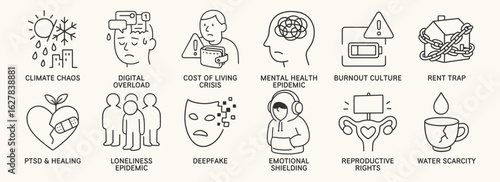 Modern social issues doodle icon set. Cute illustrations of burnout culture, digital overload, deepfake mask, loneliness, rent trap, cracked heart. Black and white art for mental health themes.