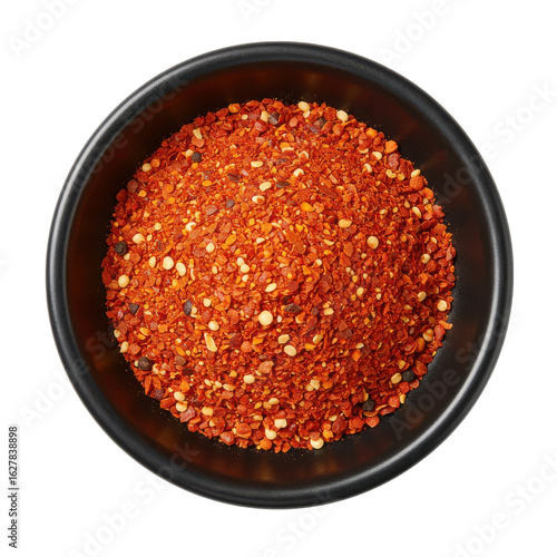 Bowl of vibrant red chili flakes on a dark background, perfect for culinary uses and spice photography