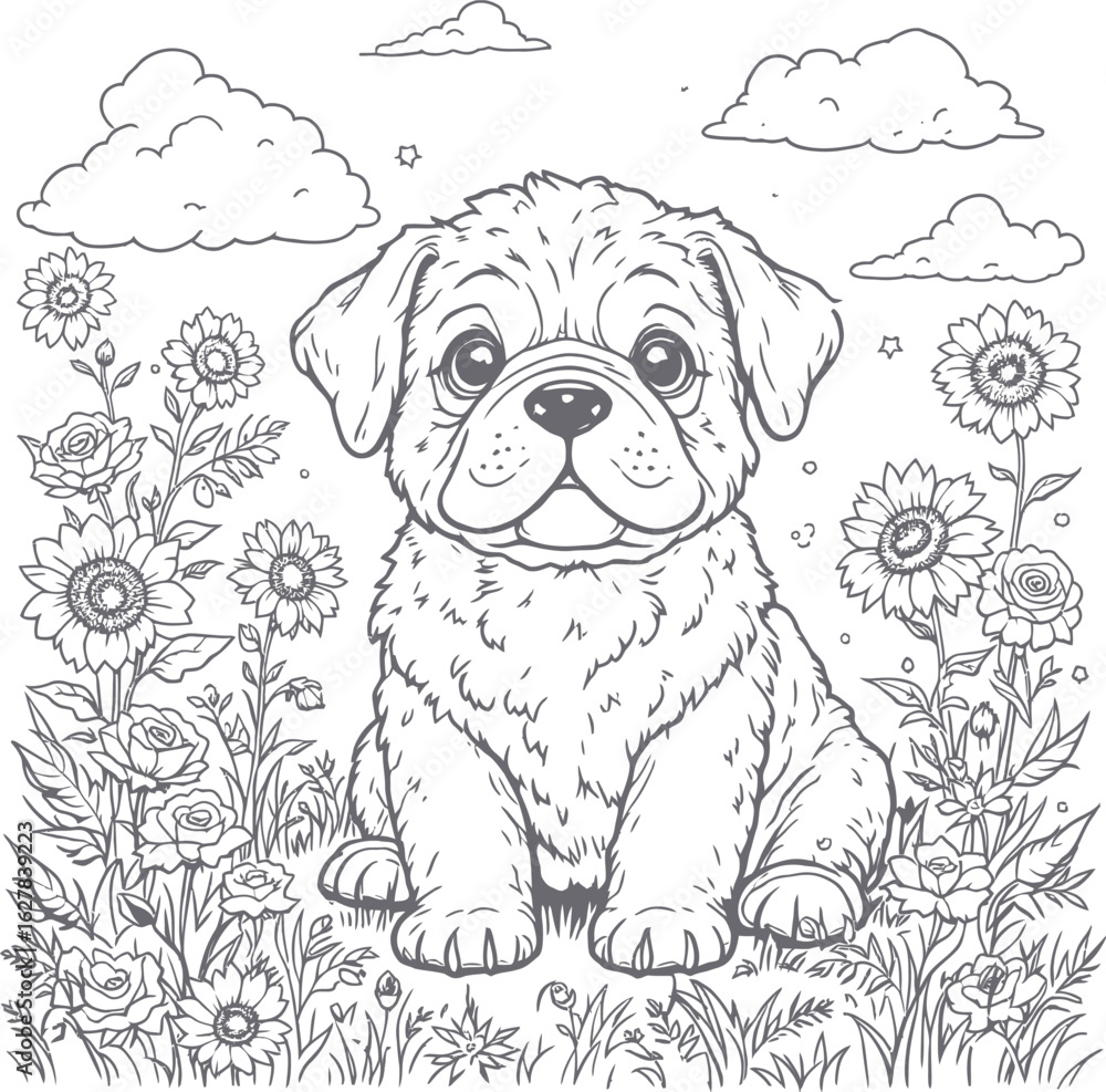 Fototapeta premium Vector Illustration of Adorable Puppy Sitting in Flower Field with Sunflowers and Clouds, Perfect for Pet and Nature Themes