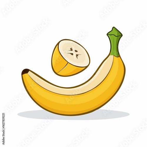 Vibrant vector illustration of a ripe banana with a slice, showcasing its appealing color