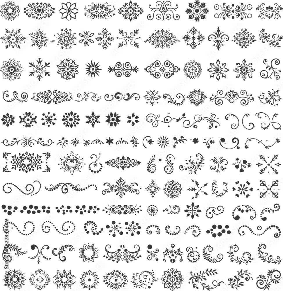 Obraz premium Set of Ornamental Design Vector Illustrations in Black Outline Featuring Decorative Swirls, Floral Motifs and Elegant Accents