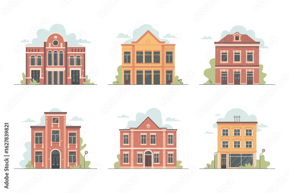 Fototapeta premium Collection of six distinct architectural building illustrations