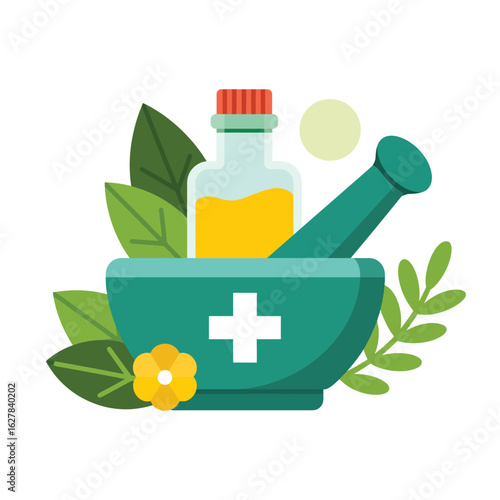 Herbal medicine preparation with mortar pestle and essential oil bottle