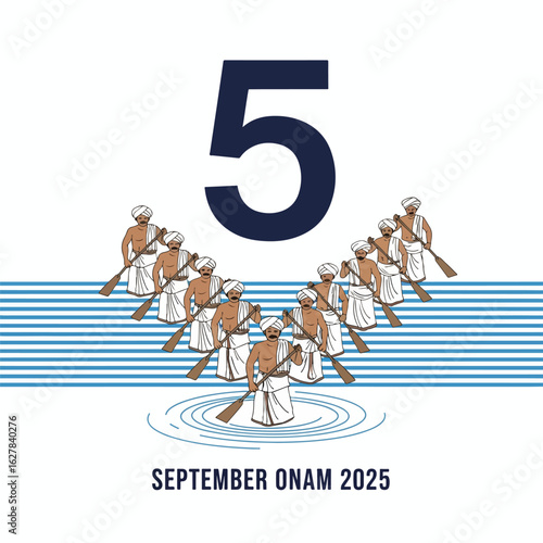 Onam 2025 calendar illustration featuring men rowing boats.