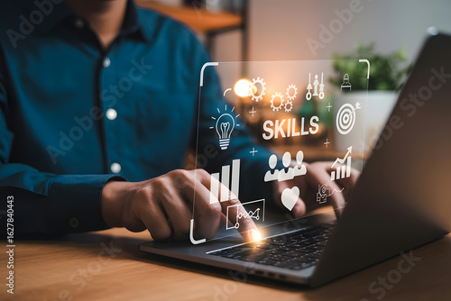 Person using laptop with skill development icons, representing learning, training, and career advancement