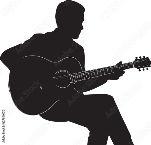 Silhouette of a Guitar Player Sitting and Performing on a Transparent Background