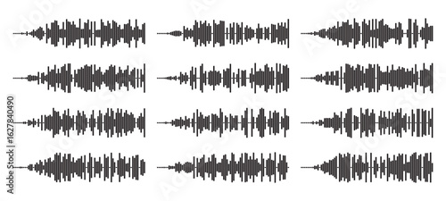 Audio wave tune print, voice message, podcast audio recording. Vector audio player soundwave visualization or voice message sound wave. Podcast audio streaming. Music, sound concept.
