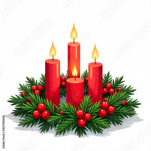 Advent wreath made of fir branches with four candles inside, Christmas decor