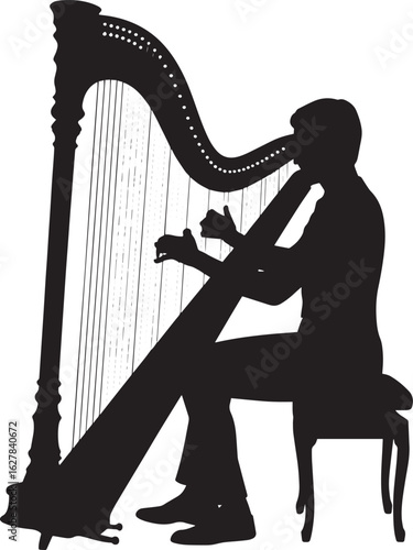 Silhouette of a Harpist Playing a Concert Harp, Capturing the Elegance of Classical Instrument