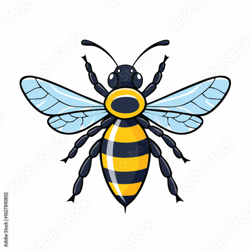 Cartoon honeybee illustration with detailed wings and vibrant yellow and black stripes