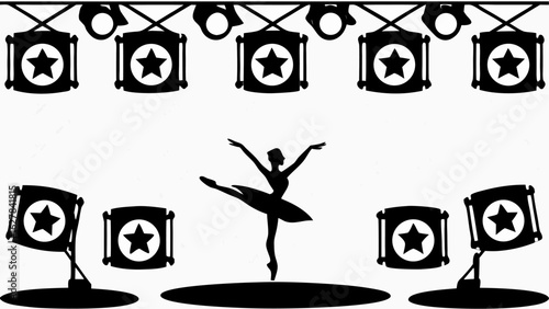 Silhouette of a ballerina performing on stage under star spotlight lighting in black and white design art