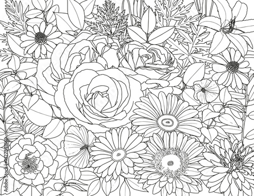 Abstract floral background. Coloring page for adults and children. Branches with leaves and flowers on a white background.