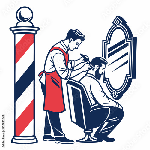 Barber cutting hair of customer sitting in chair next to barber pole and mirror haircut hair cutting